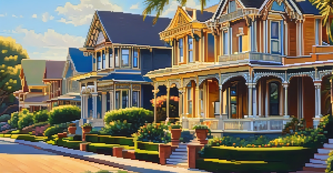 A scenic view of Heritage Park featuring colorful Victorian houses under sunlight, surrounded by trees and flowers.