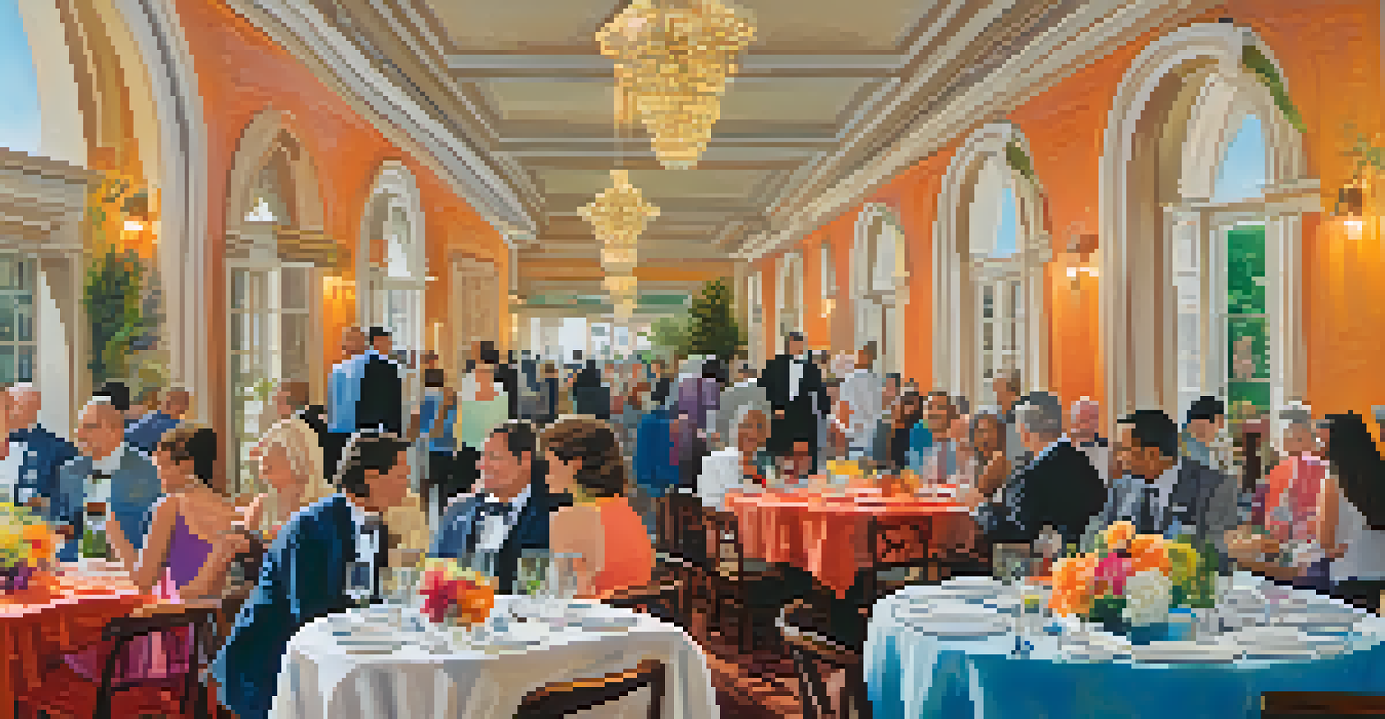 A lively cultural event at a historic hotel, showcasing local artists and guests enjoying food and drinks.