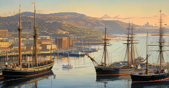 A historical panoramic view of San Diego harbor with U.S. Navy ships, fishermen in boats, and a sunset illuminating the scene.