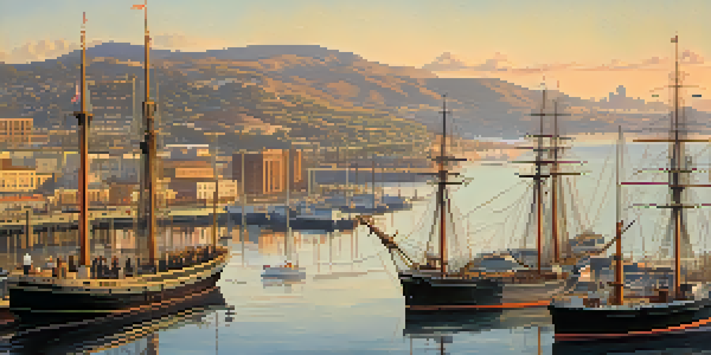 A historical panoramic view of San Diego harbor with U.S. Navy ships, fishermen in boats, and a sunset illuminating the scene.