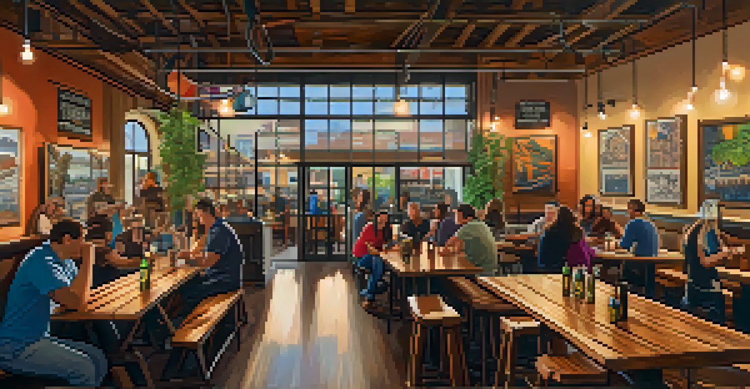 The interior of a craft brewery with patrons enjoying beer, local artwork on the walls, and warm lighting.