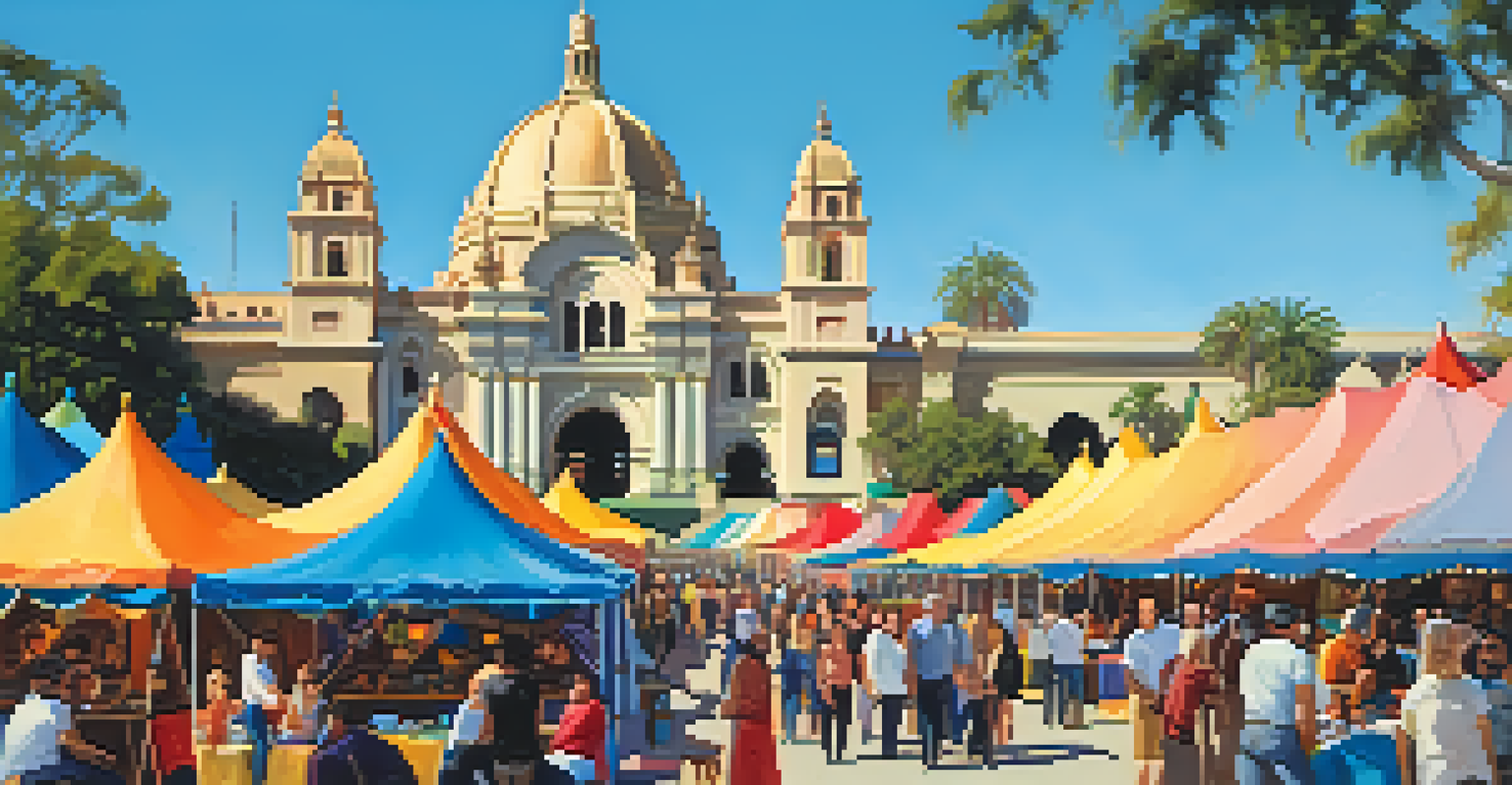 A lively cultural festival in Balboa Park with artists, food stalls, and the Old Globe Theatre in the backdrop.
