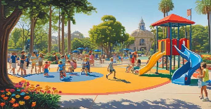 Children playing on colorful playground equipment in Balboa Park, with parents resting nearby in a green, sunny environment.
