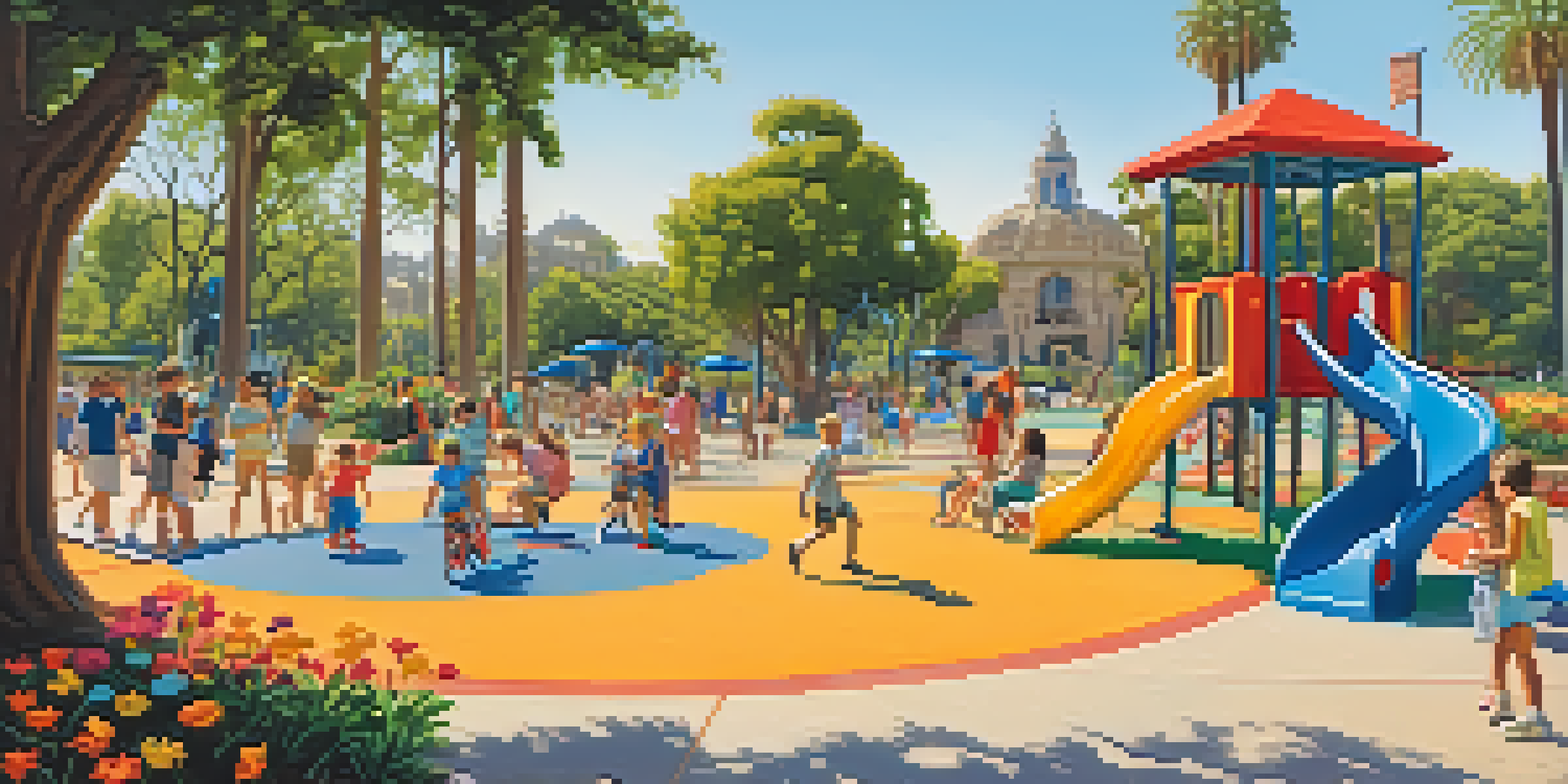 Children playing on colorful playground equipment in Balboa Park, with parents resting nearby in a green, sunny environment.