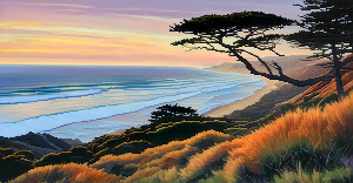 A vibrant sunset over Torrey Pines State Natural Reserve, with coastal cliffs and Torrey pine trees silhouetted against the colorful sky.