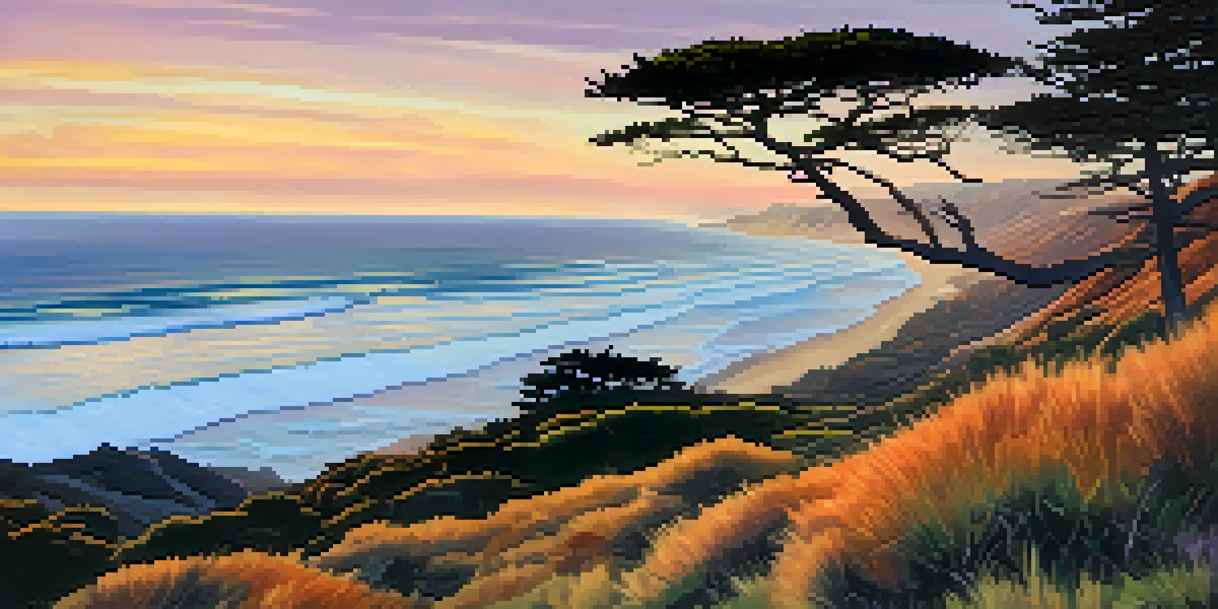 A vibrant sunset over Torrey Pines State Natural Reserve, with coastal cliffs and Torrey pine trees silhouetted against the colorful sky.