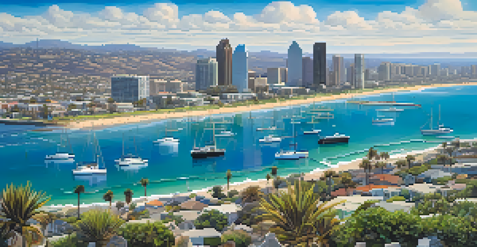An aerial view of San Diego's coastline showing marine protected areas, with blue ocean and green sea grass beds, against the city skyline.
