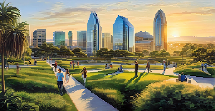 A wide view of San Diego's skyline during sunset, featuring biotech buildings and a park with people walking.