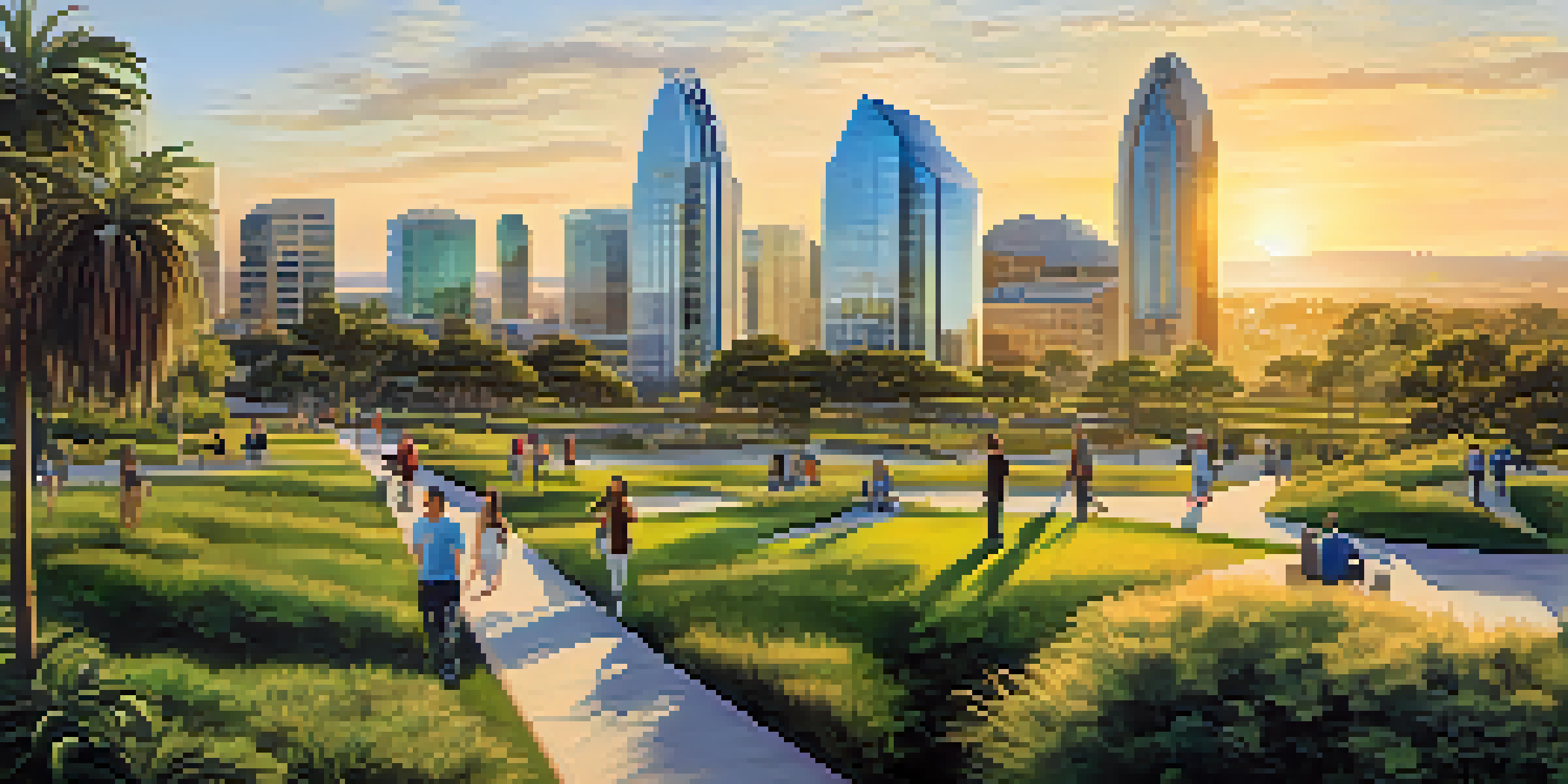 A wide view of San Diego's skyline during sunset, featuring biotech buildings and a park with people walking.