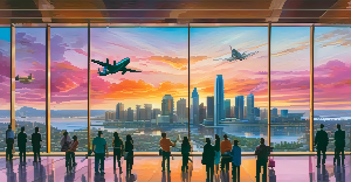 A sunset view of San Diego's skyline with aircraft silhouettes and people looking up in awe.