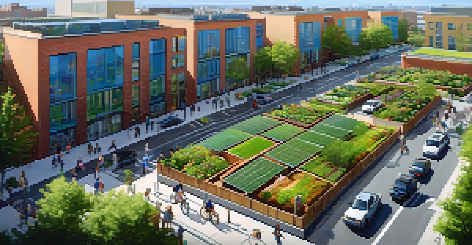 A city with green infrastructure, including solar panels and community gardens, filled with people.