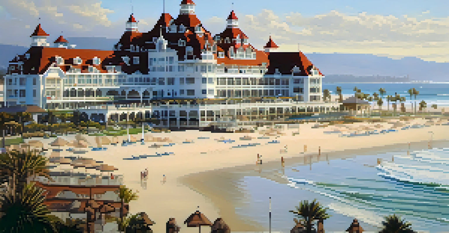 The historic Hotel del Coronado with its Victorian architecture and beach scene.