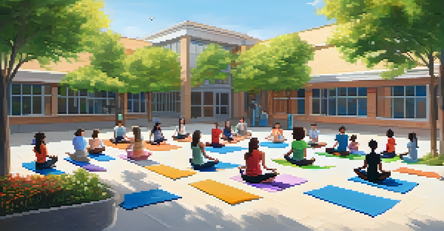 Students practicing mindfulness activities in a school courtyard, promoting mental health and wellness.