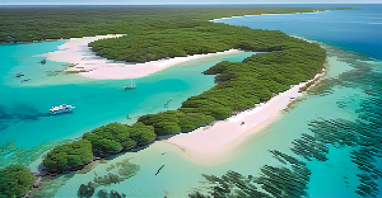 Aerial view of a marine protected area with turquoise waters, sandy beaches, and green mangroves.
