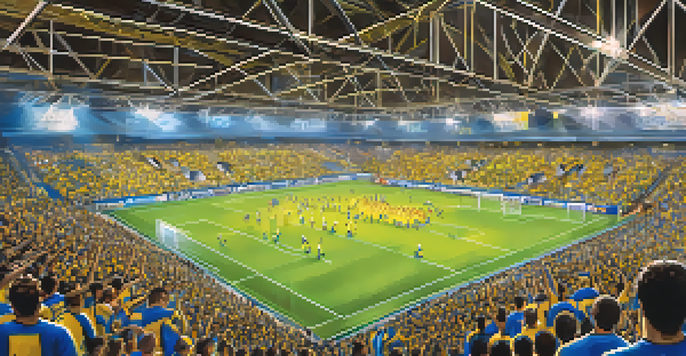 A lively indoor soccer match featuring the San Diego Sockers, with players in yellow and blue uniforms and a packed audience cheering.