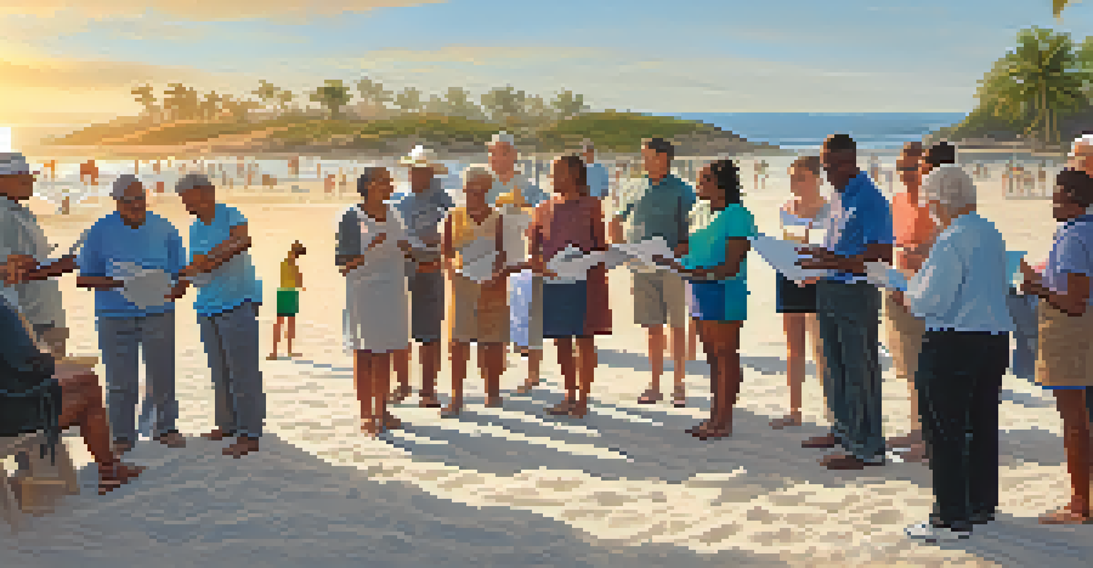 A community meeting on the beach with residents discussing coastal resilience strategies, surrounded by a warm sunset glow.