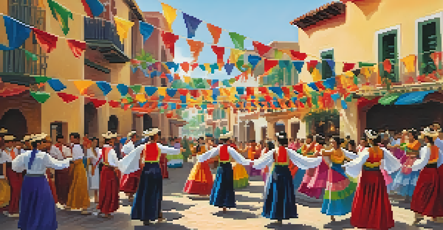 Dancers in traditional attire performing at the Old Town Fiesta with colorful decorations and a lively crowd.