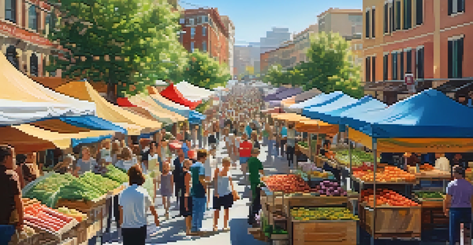 A lively market scene filled with colorful stalls of fresh produce and handmade goods, bustling with people and musicians in the background.