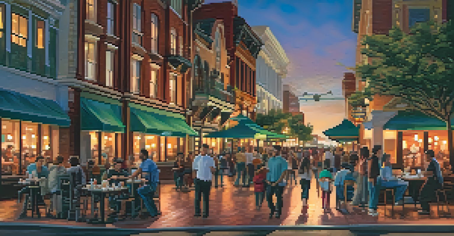 A lively street scene in Gaslamp Quarter, San Diego, with historic buildings, outdoor cafes, and street performers.