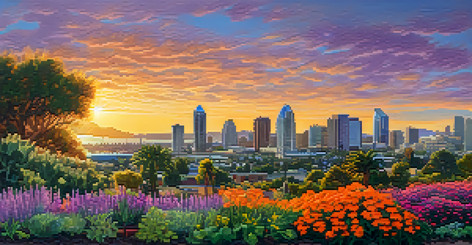 A sunset view of San Diego's skyline with a community garden in the foreground, showcasing local sustainability efforts.