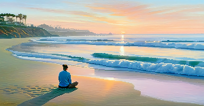 A lone yogi practicing yoga on La Jolla Shores beach at sunrise with soft sand and gentle ocean waves.