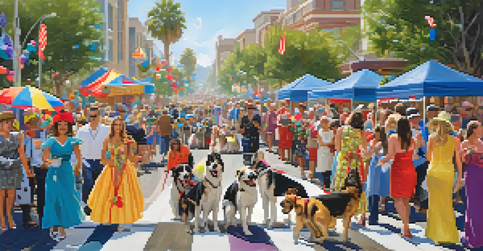 A lively pet parade in San Diego showcasing dogs in costumes with their owners walking proudly in a festive atmosphere.