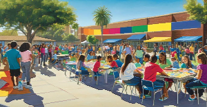 A lively schoolyard scene in San Diego with families and educators engaging in activities, colorful banners, and a sunny atmosphere.