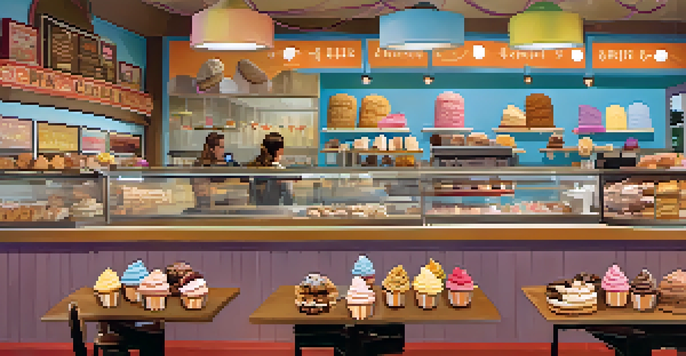 A cozy ice cream sandwich shop with colorful desserts on display and customers enjoying their creations.