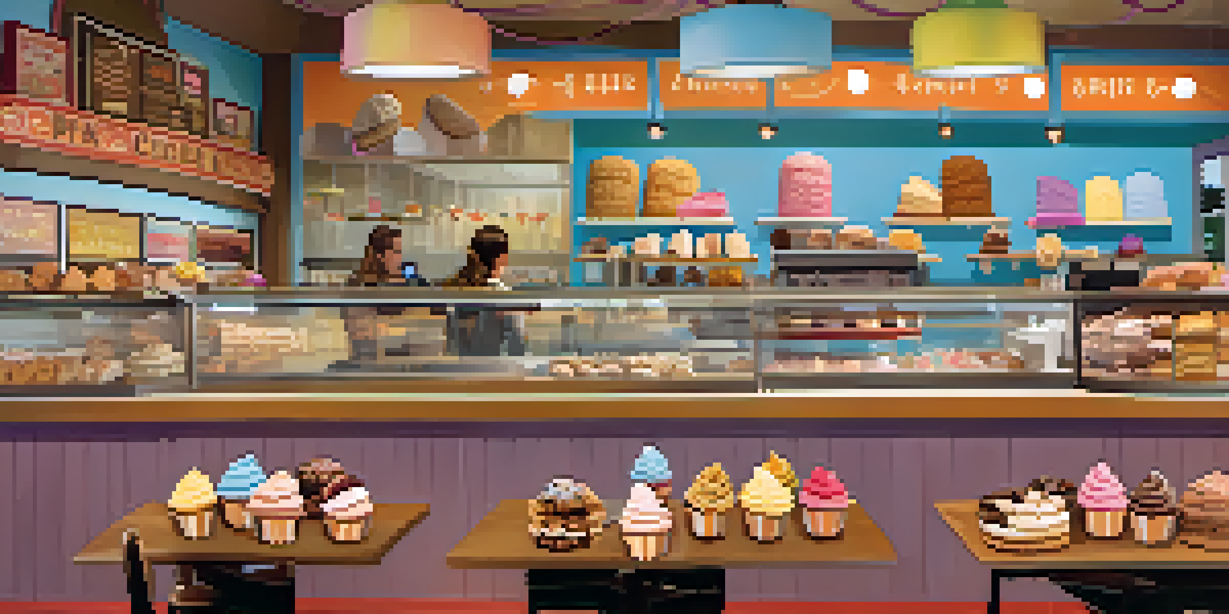 A cozy ice cream sandwich shop with colorful desserts on display and customers enjoying their creations.