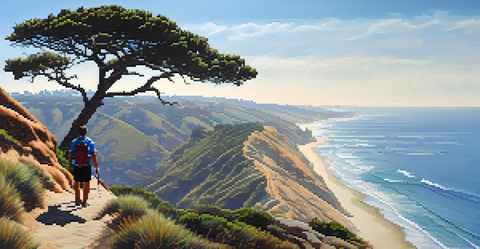 A panoramic view from Torrey Pines with cliffs, ocean, and a hiker on a trail.