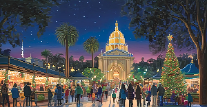 A festive park scene with decorated trees and families enjoying the holiday atmosphere at Balboa Park.