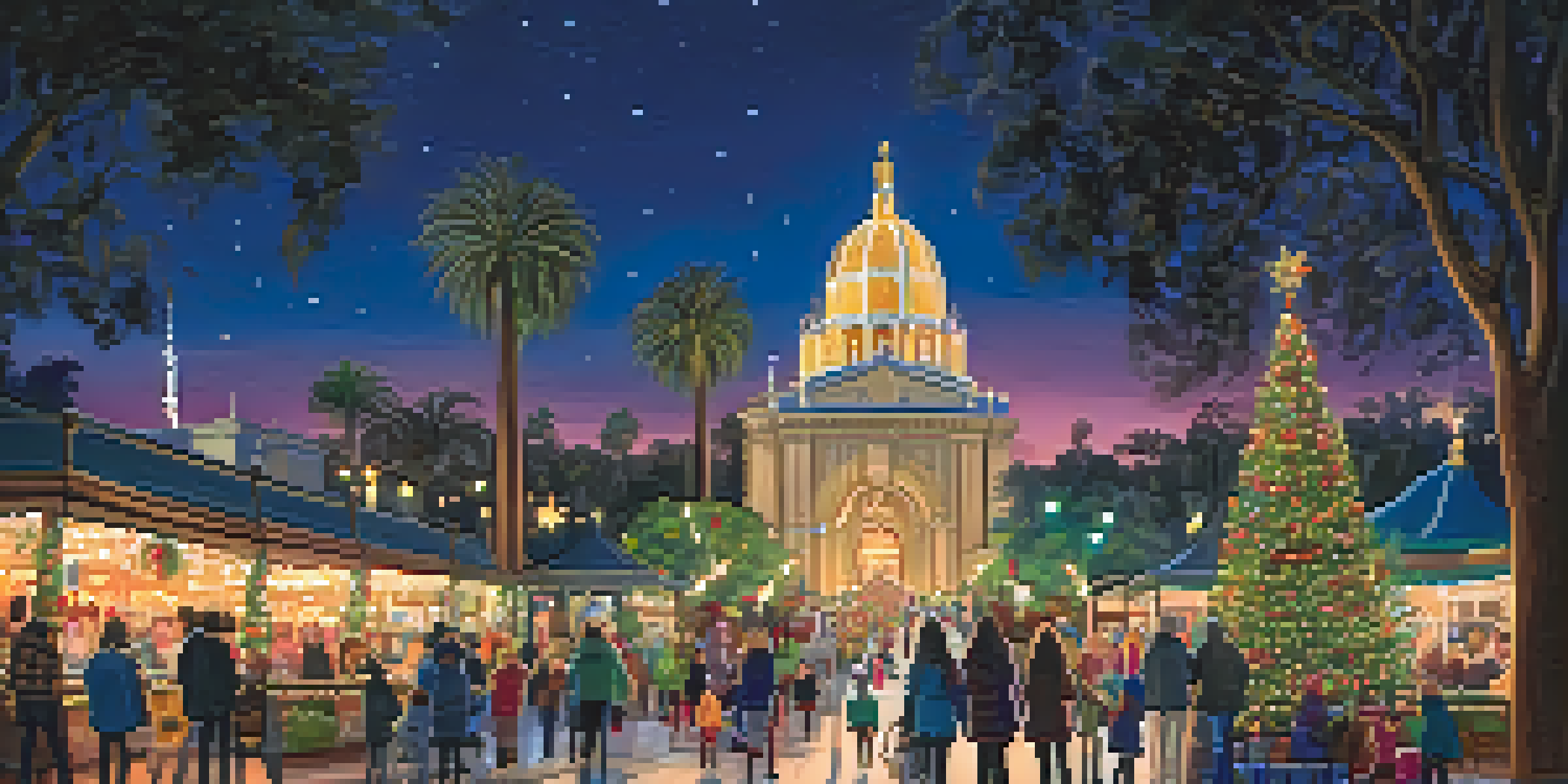 A festive park scene with decorated trees and families enjoying the holiday atmosphere at Balboa Park.