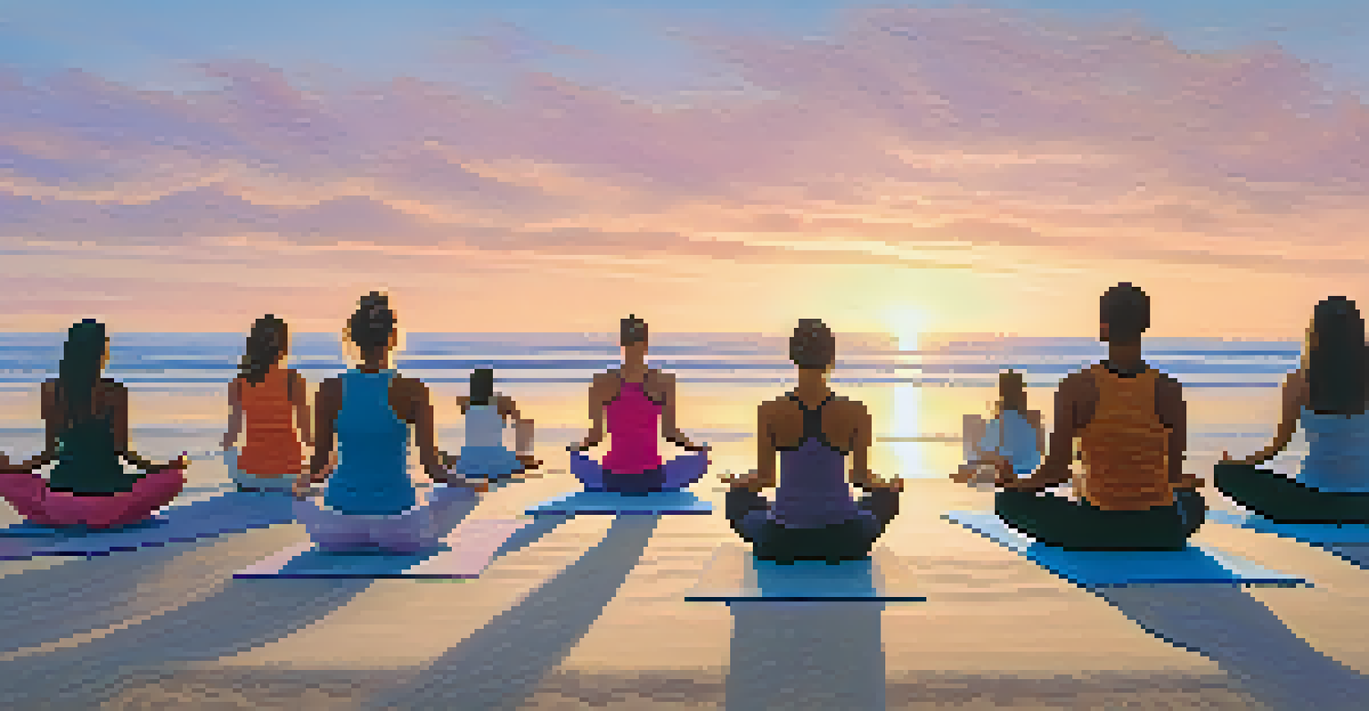 People practicing yoga on the beach at sunrise, with a beautiful ocean view and pastel-colored sky.