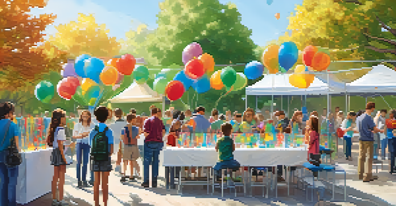 An outdoor science fair featuring students presenting their innovative projects, with families and teachers engaging in a festive atmosphere.
