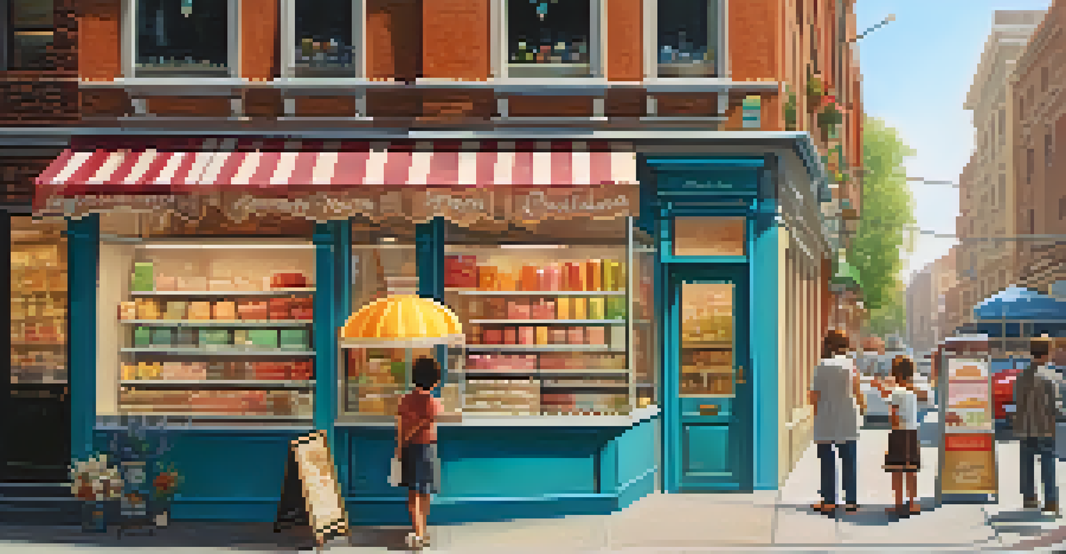 A vibrant gelateria with an array of colorful gelato flavors, featuring a cheerful shopkeeper serving a cone to a child.