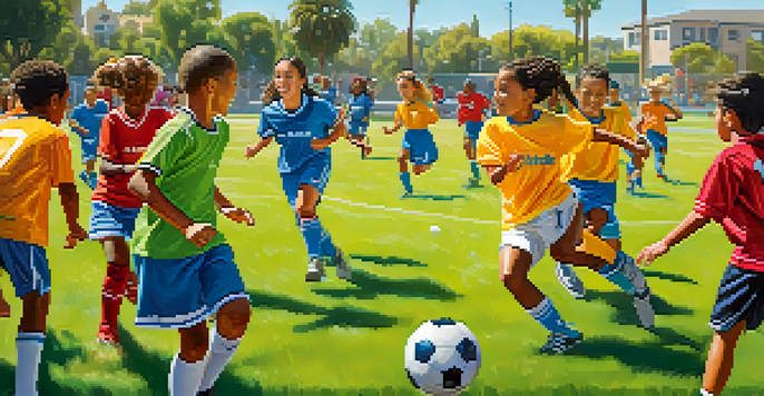 A diverse group of children playing soccer in a park, promoting teamwork and camaraderie.