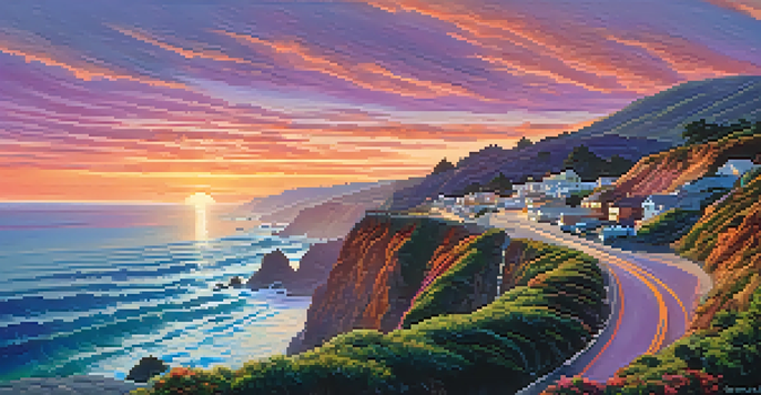 A scenic view of the Pacific Coast Highway at sunset, with cliffs, ocean waves, and surfers.