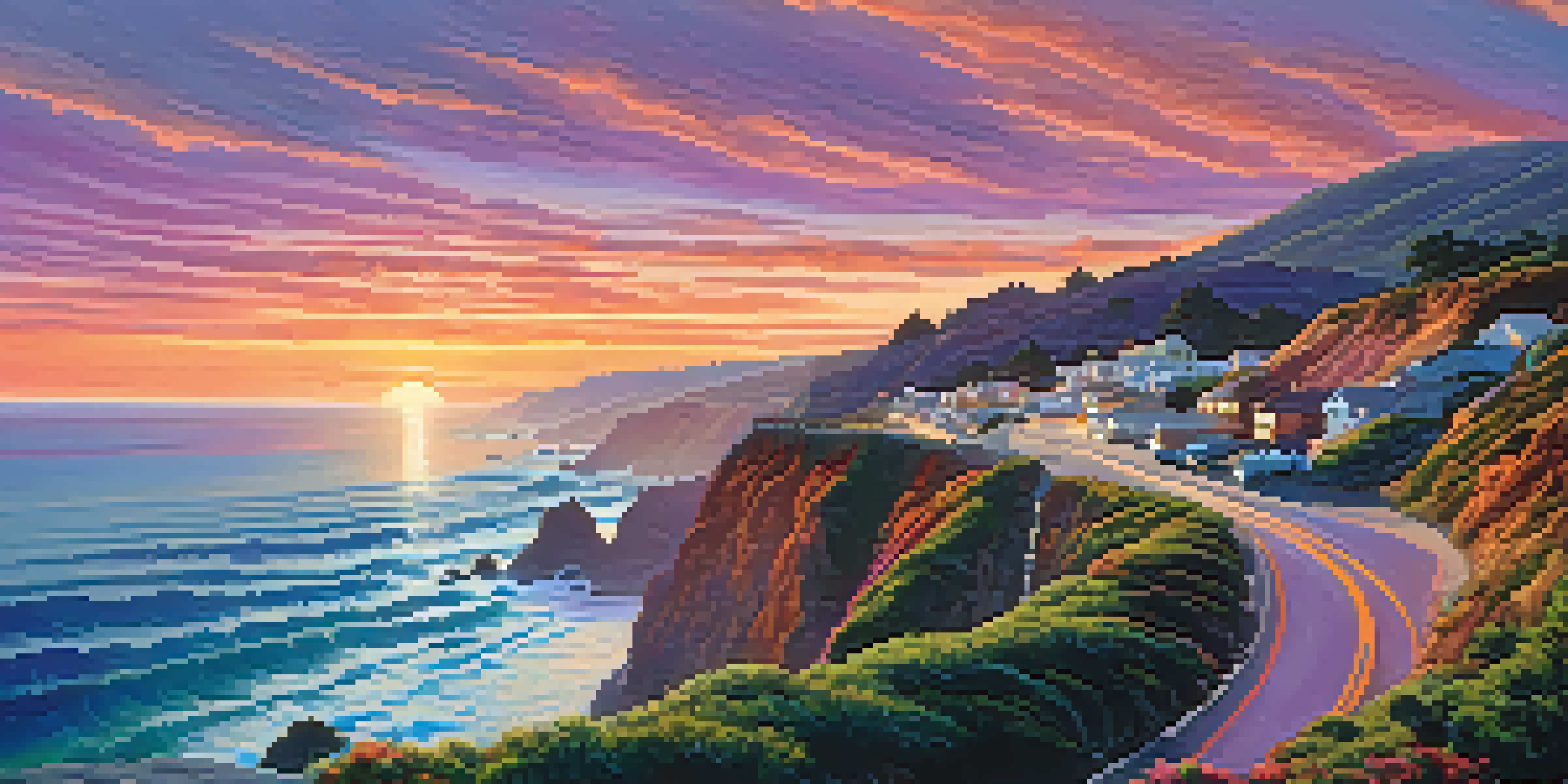 A scenic view of the Pacific Coast Highway at sunset, with cliffs, ocean waves, and surfers.