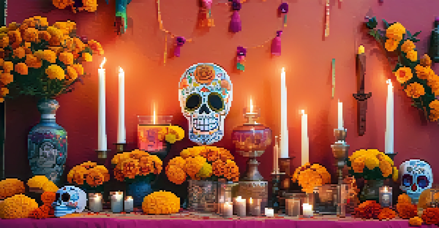 A colorful Día de los Muertos altar with marigolds, photographs, and sugar skulls, creating a heartfelt tribute.