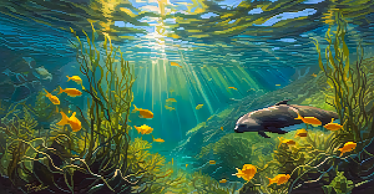 An underwater kelp forest in San Diego with fish swimming among kelp and a sea lion in the background.