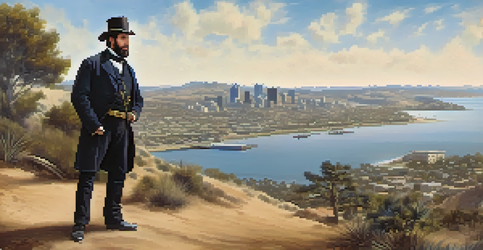 A historical depiction of Alonzo Horton overlooking early San Diego development, with modest buildings and a harbor under a bright sky.