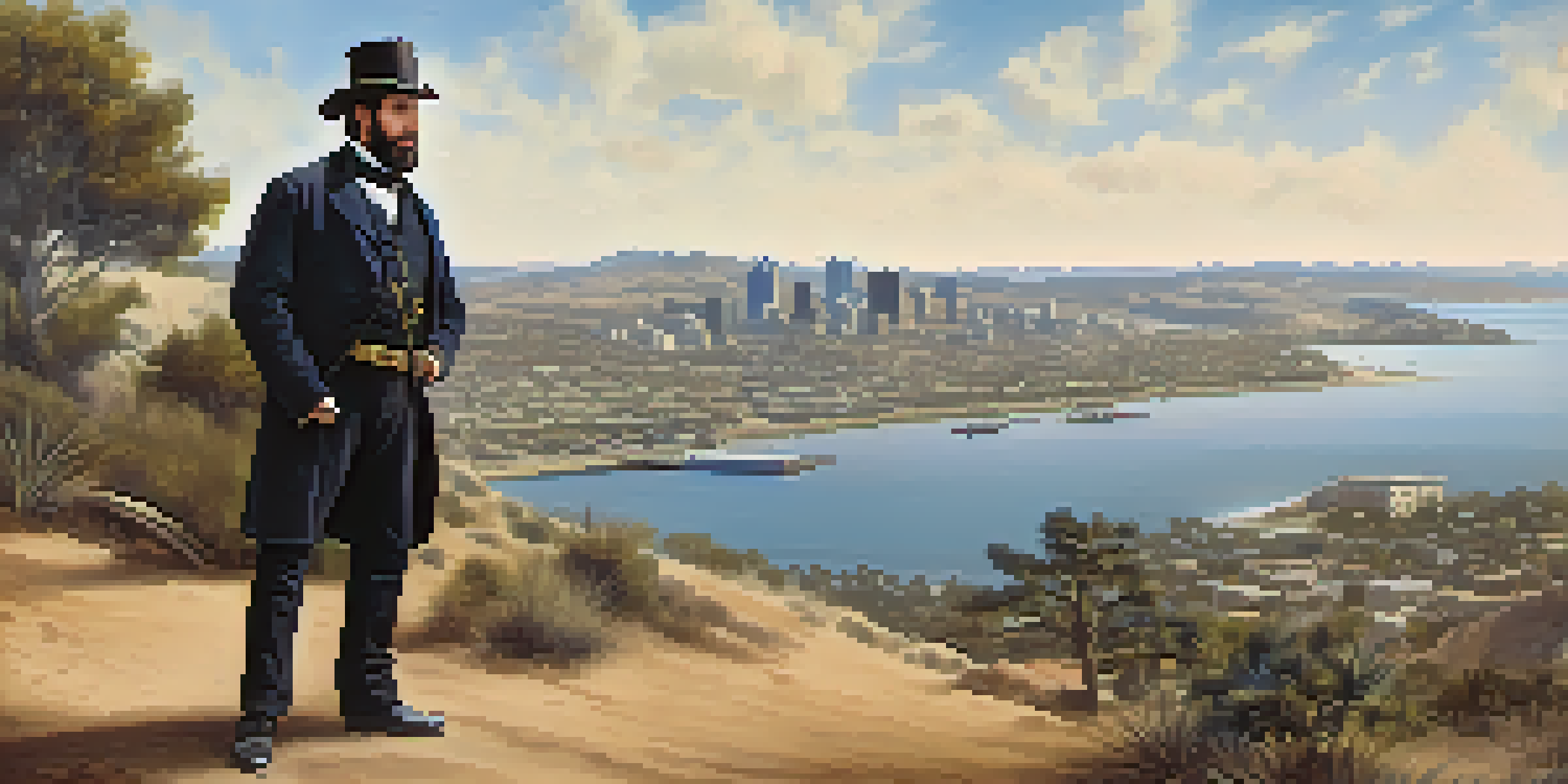 A historical depiction of Alonzo Horton overlooking early San Diego development, with modest buildings and a harbor under a bright sky.