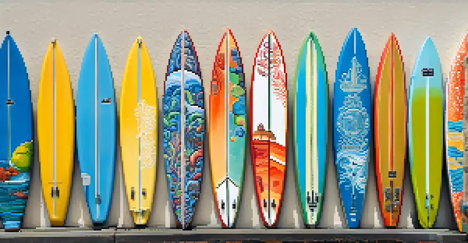 A close-up of a decorated surfboard against a vibrant ocean-themed mural.