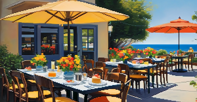 An outdoor patio at a cozy brunch spot with colorful umbrellas, wooden tables, and people enjoying their meals under the sun.