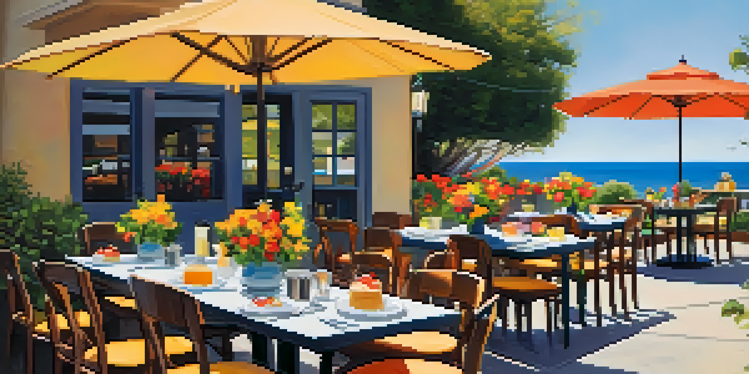 An outdoor patio at a cozy brunch spot with colorful umbrellas, wooden tables, and people enjoying their meals under the sun.