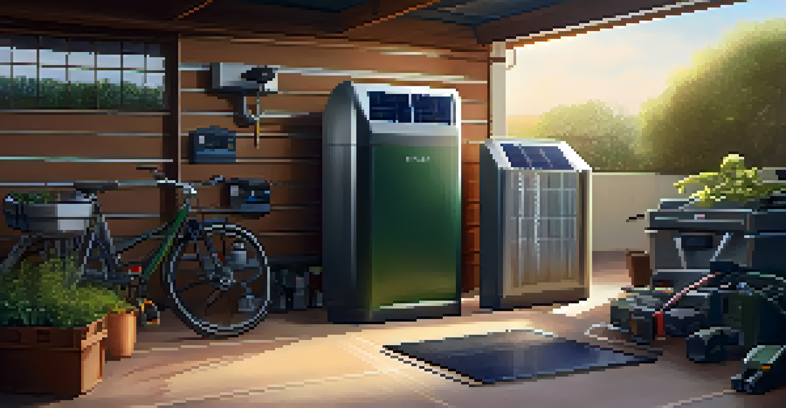 A close-up of a solar battery system in a garage with tools and gardening equipment in the background.