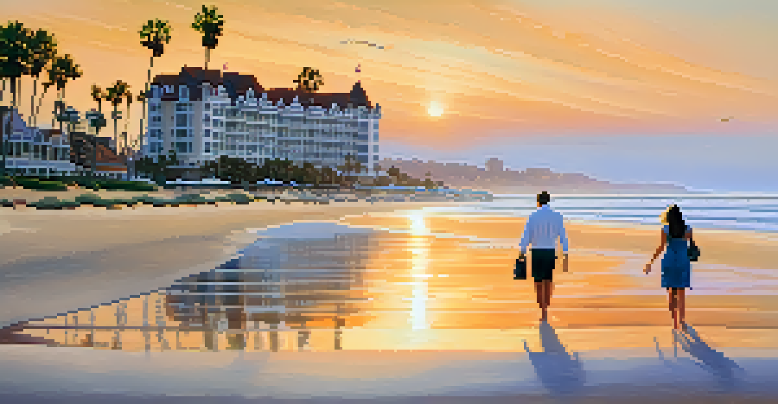 A romantic sunset at Coronado Beach with golden sands, a couple walking hand in hand, and the Hotel del Coronado in the background.