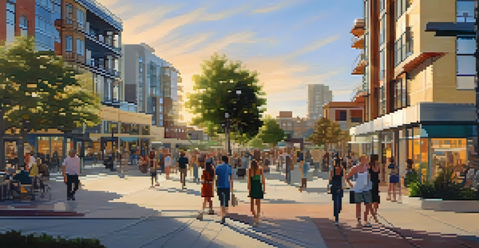 A lively urban area in San Diego featuring modern buildings, shops, and green spaces, illuminated by a sunset.