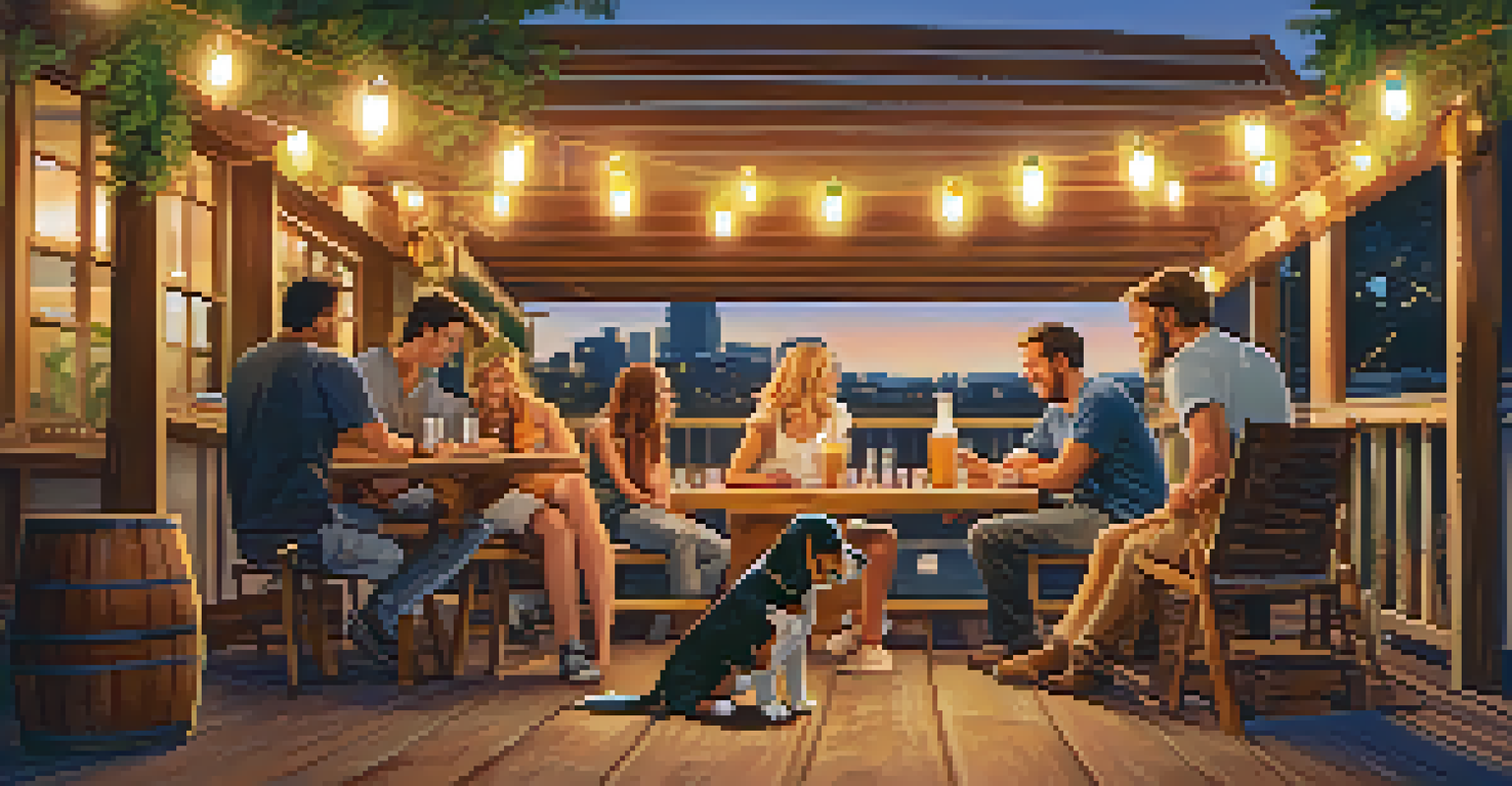 Friends enjoying craft beers at a dog-friendly brewery with a beagle resting at their feet in a warm sunset setting.