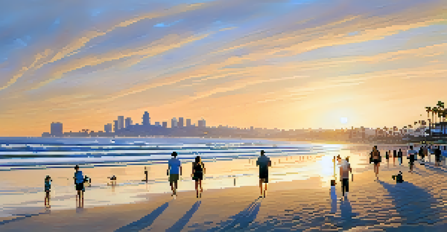 Coronado Beach at sunset, with golden sand, gentle waves, the San Diego skyline, and the Hotel del Coronado in the background.